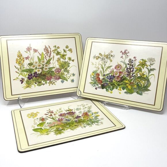 Vintage Pimpernel Hard Place Mats Meadow Flowers Cork Back 9” X 12” Set Of 3 - Picture 1 of 10